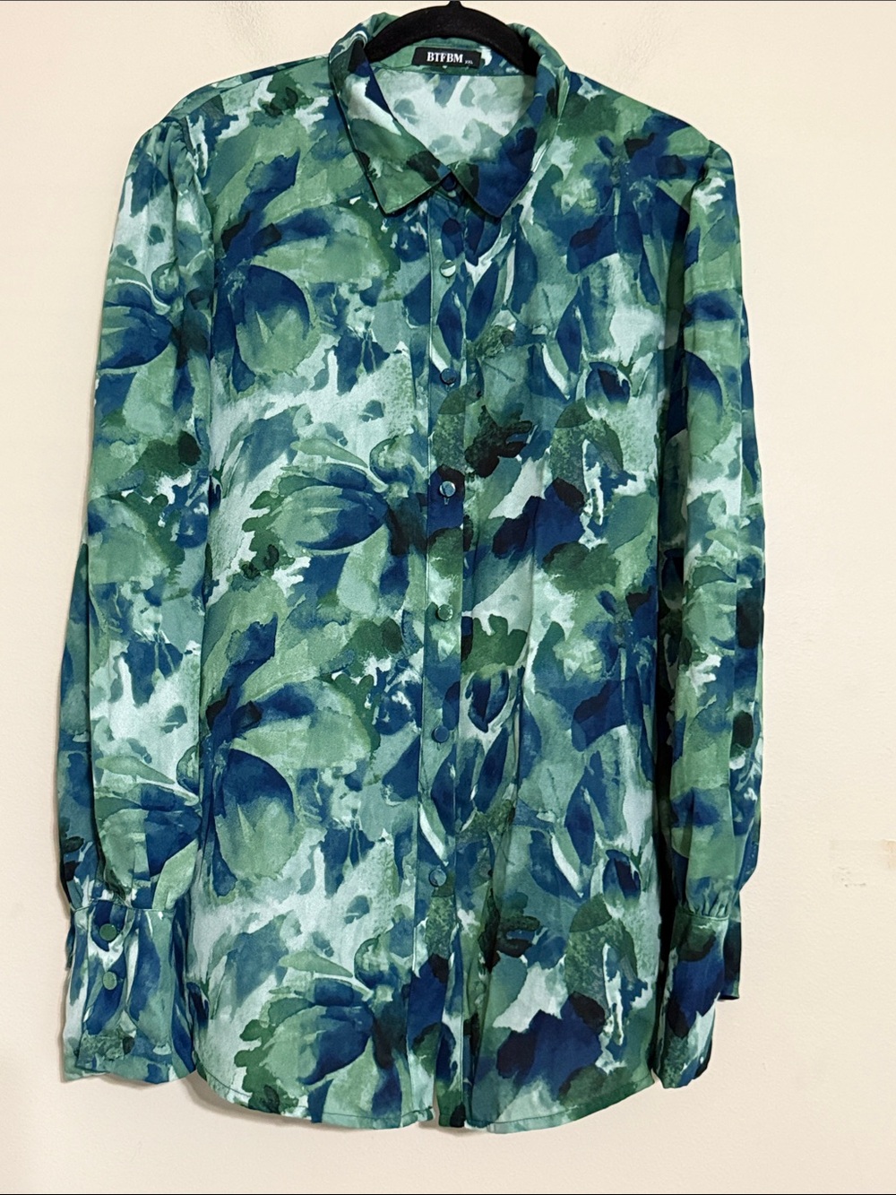 Btfbm Green & Blue Watercolor Print Button-Up Shirt women XXL casual office fall
